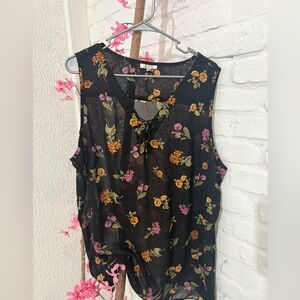 Sleeveless Floral Lace-Up Tank Top - Black with Pink & Mustard Flowers